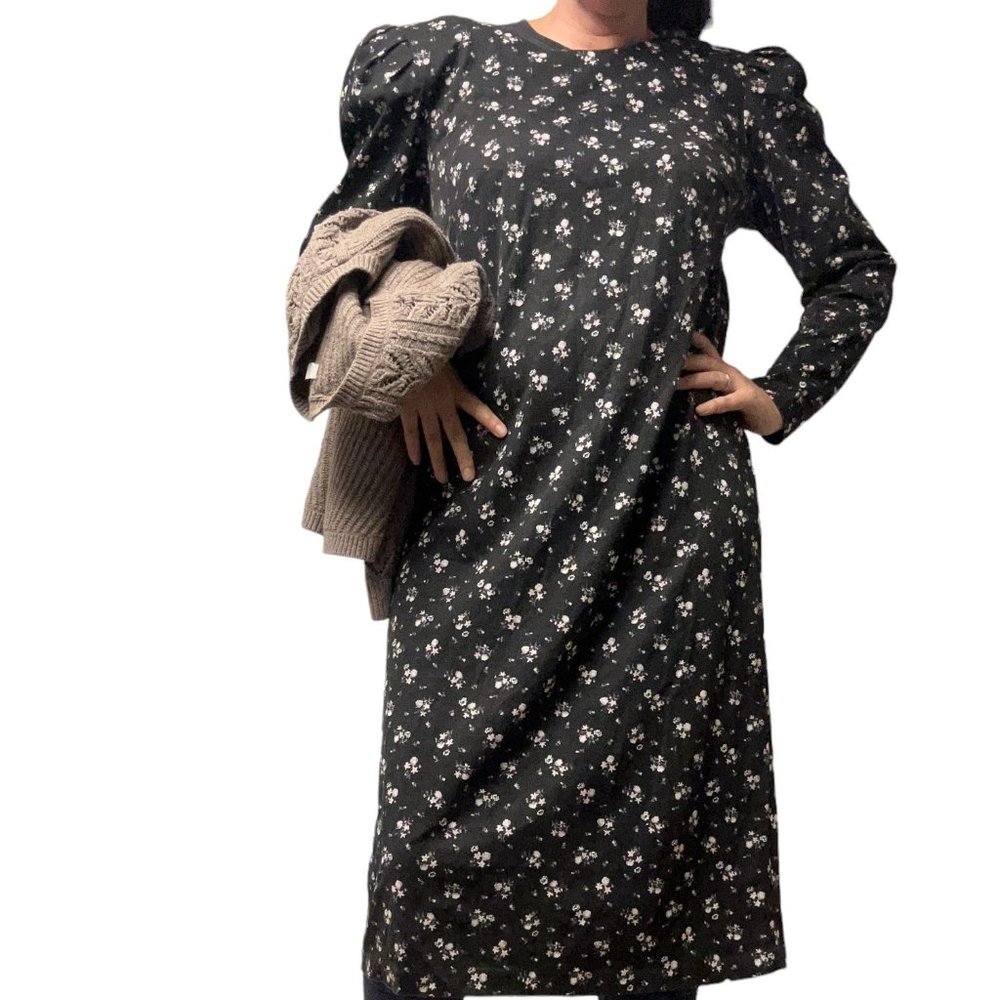 Vintage Faded Black Granny Floral Dress Puff Sleeves